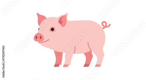 Illustrative depiction of a domesticated pink piglet with a charming smile and a curled tail on white backdrop