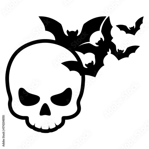 Logo con calavera humana con murciélagos volando para felicitaciones y tarjetas de Halloween