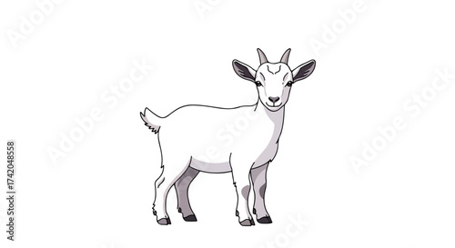 Charming cartoon rendition of a playful goat, set against a bright white backdrop emphasizing simplicity and drawing focused attention 72 characters
