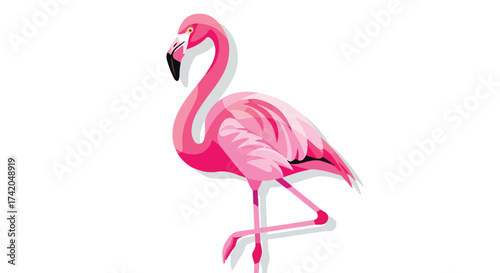 Vector illustration showcasing a graceful flamingo, its plumage rendered in various shades of pink, standing gracefully against a clean white