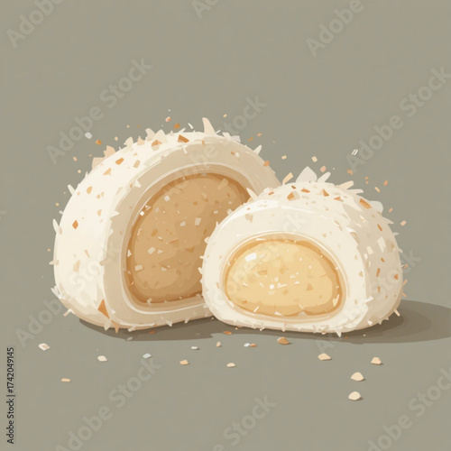 Illustration of peanut-filled mochi cake with a plain background 