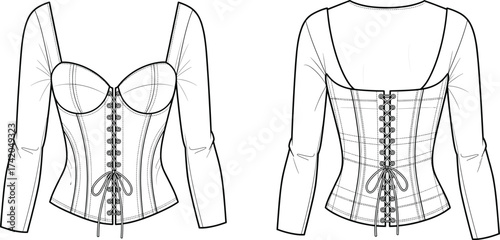 Corset top flat sketch, fashion CAD technical drawing, vector apparel template with lace‑up closure, structured cups, contour seams, long sleeves illustration