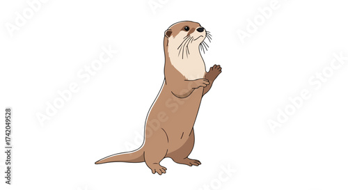 Charming cartoon otter stands upright, curious and observant pose on white background illustrating wildlife