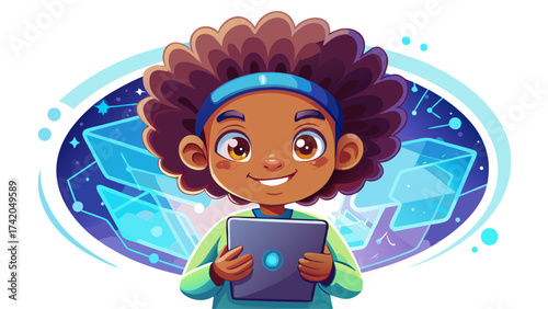 Little Afro child holding a tablet, bright digital glow reflected on face, white background, vector art style, symbolizing modern learning, AI education, and technological curiosity.