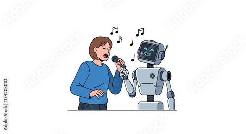 Harmonious duet: A human and a robot sharing a melodic moment captured in a lighthearted illustration