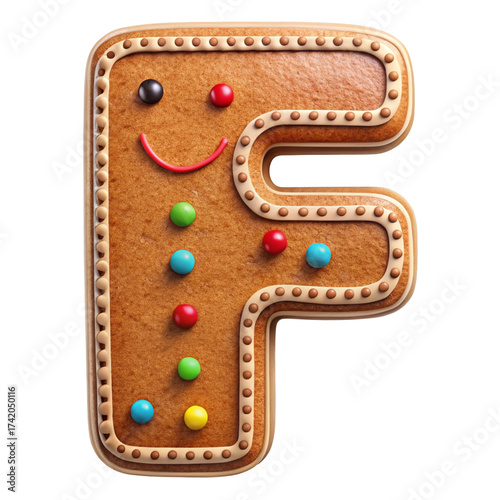 3d icon of a delightful gingerbread letter f embellished with bright candies and decorative icing, isolated on transparent background