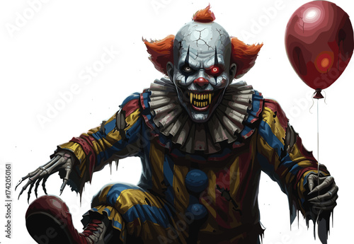 Sinister clown illustration, horror character design, glowing red eyes, cracked face, red balloon, creepy costume, Halloween monster, fear, menace, nightmare