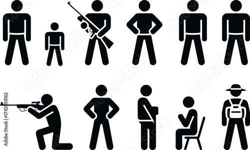Human figure silhouette set, standing pose, rifle stance, seated person, child and adult icon, kneeling figure, black illustration, activity graphic, people design