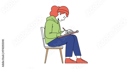 Illustration of a focused woman wearing a hoodie, seated on a chair and writing or drawing in a sketchpad, isolated on a clean white backdrop