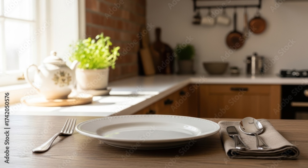 Fototapeta premium Bright Kitchen Table Setting with Empty Plate and Cutlery, Featuring a Modern Rustic Interior Bathed in Natural Sunlight