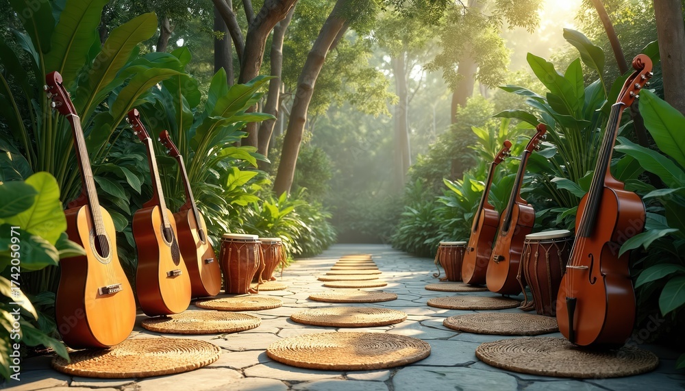 Obraz premium Musical instruments line stone pathway in serene tropical garden. Cellos guitars drums rest near green plants. Calm music performance space in nature. Summer concert event concept for zen music fans.