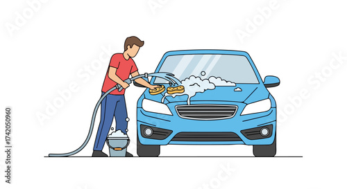 Manual car wash process: man meticulously cleans a blue car using a sponge and water hose for thorough exterior maintenance