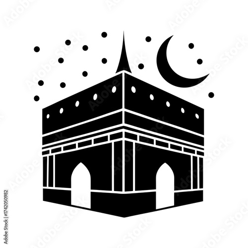 Simple kaaba silhouette crescent moon islamic icon religious symbol vector illustration