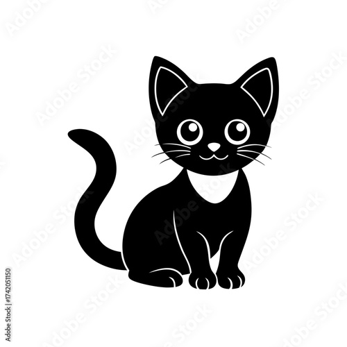 Cartoon black cat with collar on transparent background silhouette