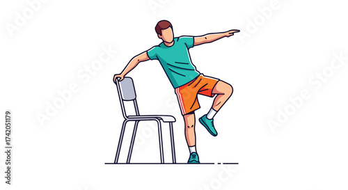 Man Performing Balance Exercise Using Chair for Support, Demonstrating Fitness Routine and Posture Improvement for Health and Wellness