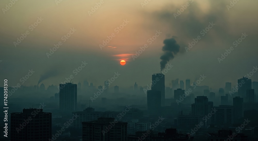Fototapeta premium Smog-filled city skyline during sunrise