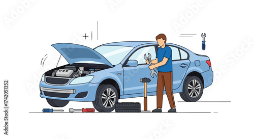 Illustration of a car mechanic repairing a vehicle, showcasing automotive service and maintenance with tools and a repairman working on the car's