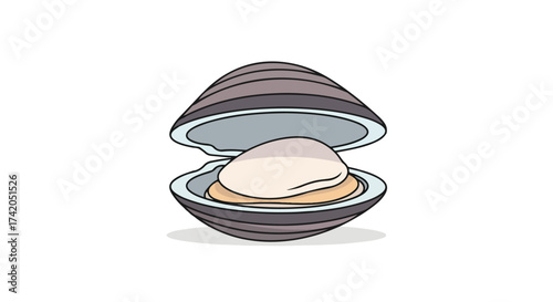 Charming cartoon illustration of a clam with an open shell displaying its savory filling for culinary applications