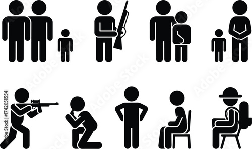 Human figure silhouette set, emotional gesture, family icon, rifle stance, seated traveler, protective pose, kneeling figure, black illustration, interaction graphic, people design