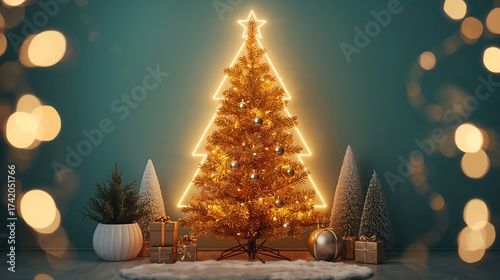 A modern and stylish Christmas scene with a glowing tree, decorative gifts, and snowy accents