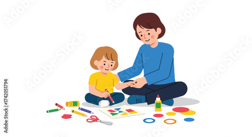 Engaging artistic activity: A mother assists her child in crafting a unique composition using paper shapes and coloring tools creating a nurturing
