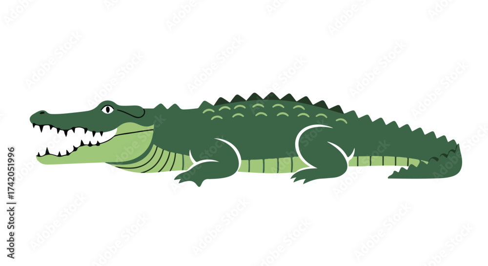 Naklejka premium Stylized Green Alligator Illustration with Geometric Details and Cartoonish Appearance against a White Background