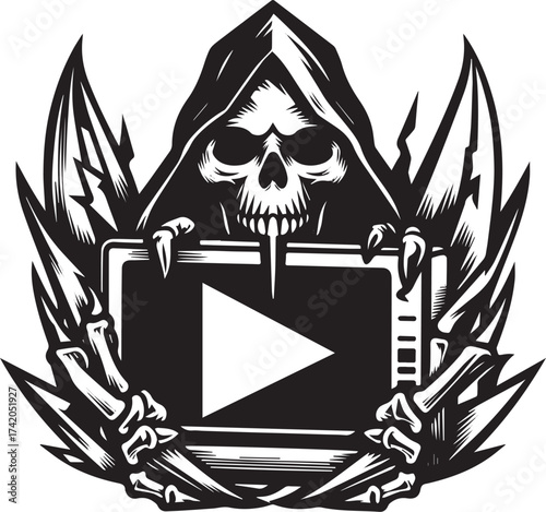 Grim Reaper Holding Video Play Button Symbolized Death of Streaming or Online Content