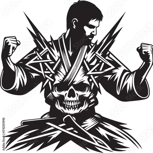 Intense martial artist with skull emblem and energy, a powerful representation of strength and skill