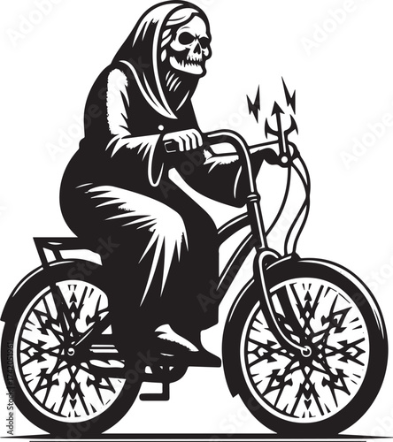 Grim Reaper on a Bicycle: A Humorous and Spooky Black and White Illustration