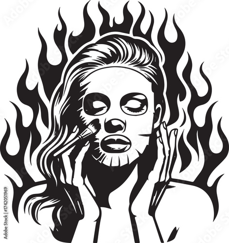 Dramatic Black and White Illustration of a Woman Applying a Facial Mask Surrounded by Flames