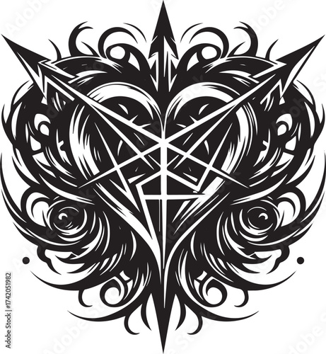 Intricate Black and White Pentagram Symbol Design with Ornamental Details and Sharp Lines