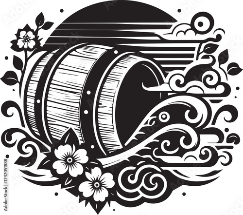 Artistic Black and White Illustration of a Barrel with Floral and Cloud Design Elements