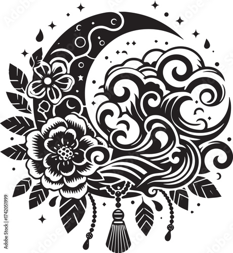 Mystical Celestial Illustration Featuring Moon, Flowers, Clouds, Stars, and Decorative Elements