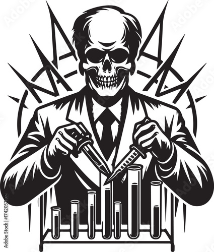 Sinister Scientist: A Black and White Illustration of a Skull-Faced Mad Scientist Experimenting