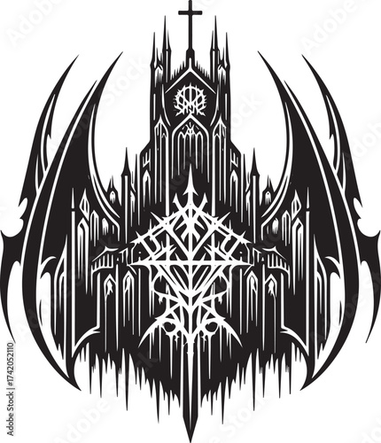 Intricate Gothic Cathedral Illustration with Wing-like Structures in Black and White Design