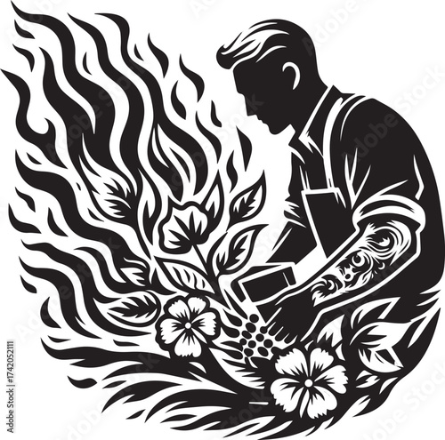 Artistic Silhouette of a Man with Flowers and Flames Symbolizing Growth and Transformation