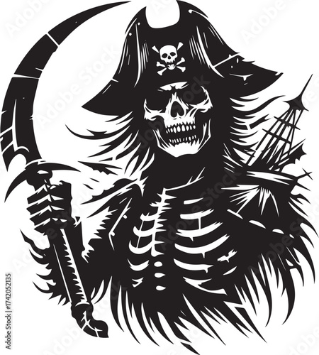 Sinister Skeleton Pirate with Scythe and Ship: A Dark and Eerie Vector Illustration