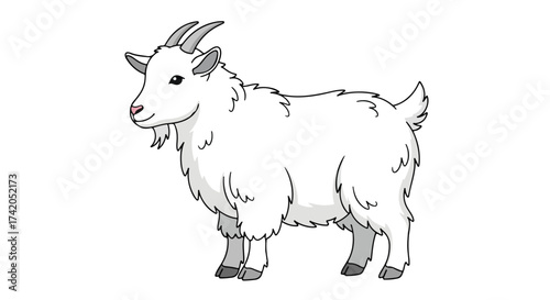 Illustrative depiction of a fluffy white goat standing isolated on a plain white canvas displaying simple charm and gentle demeanor
