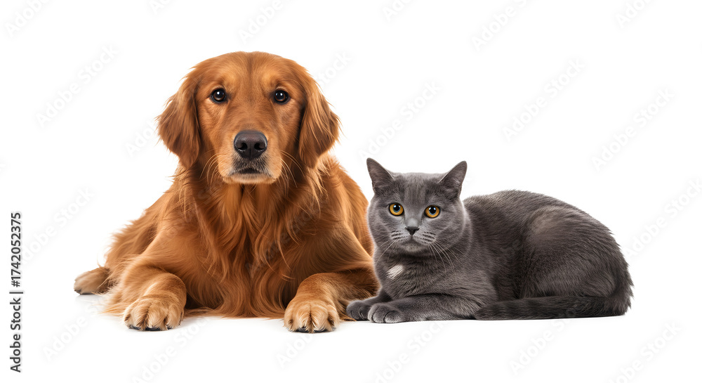 Fototapeta premium Golden retriever dog and gray cat together isolated on transparent background