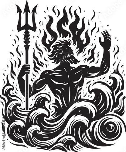 A Powerful Depiction of Poseidon/Neptune, God of the Sea, Amidst Waves and Flames