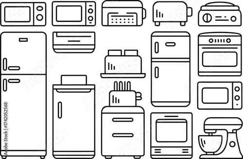 Kitchen appliance illustration set, black and white line drawing, microwave, toaster, blender, refrigerator, oven, dishwasher, washing machine, coffee maker, home electronics graphic