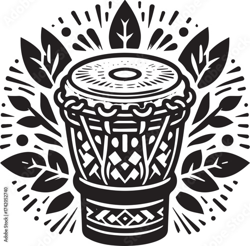 Detailed Black and White Illustration of an African Djembe Drum Surrounded by Decorative Leaves