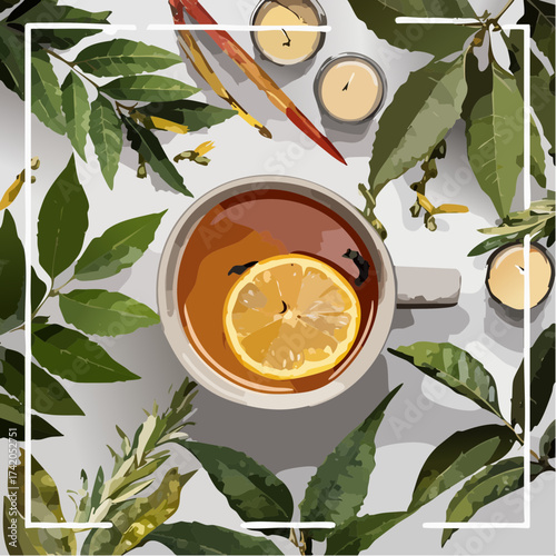 Flat-Lay Herbal Tea Candle Eucalyptus Fall Leaves Spa Vector Poster