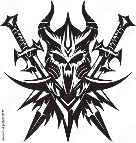 Intricate Black and White Vector Illustration of a Warrior Skull with Swords and a Decorative Shield