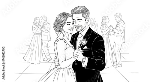 Bride and groom dancing closely at wedding reception in line art