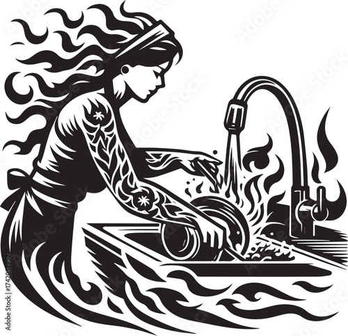 Intricate Black and White Illustration of a Woman Washing Dishes in a Kitchen Sink