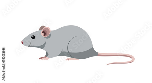 Illustration of a Cartoon Gray Mouse with Pink Ears and Tail on a White Background Isolated. The image can be use for various purposes