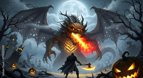 Halloween Night Illustration with Flying Dragon, Dark Fantasy Halloween Concept Art, halloween night scene with full moon