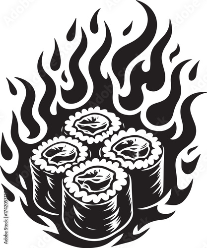 Black and white illustration of sushi rolls engulfed in flames suitable for menu design