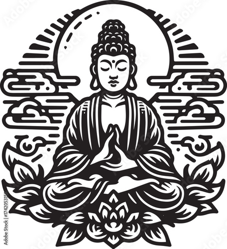 Intricate Black and White Illustration of a Meditating Buddha with Lotus and Clouds